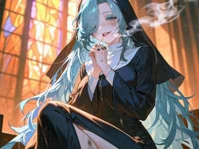 教堂抽烟的修女